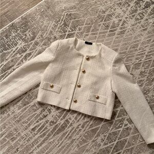 Tahari White Cropped Jacket with Gold Buttons